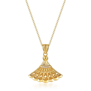 S925 sterling silver fan-shaped pendant necklace with gold hollow lace and zircons