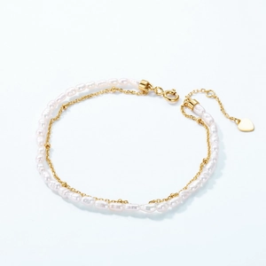 Double-layer natural freshwater pearl bracelet with gold chain and heart charm