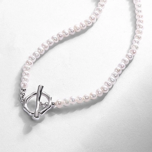 Natural freshwater pearl necklace with minimalist silver OT toggle clasp closure