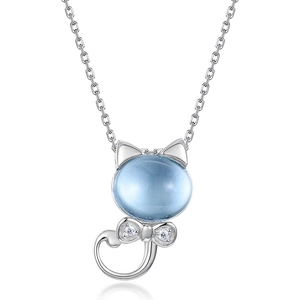S925 Sterling Silver Cat Pendant Necklace with Blue Topaz and Zirconia Accents
