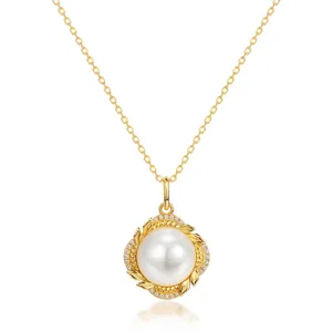 Shell Artificial Pearl Pendant Necklace S925 Sterling Silver 10K Gold Plated Vintage Leaf Zirconia Retro Palace Style Elegant