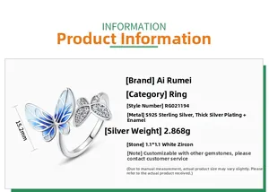 Macro detail of S925 sterling silver butterfly ring with blue enamel and white zircon stones