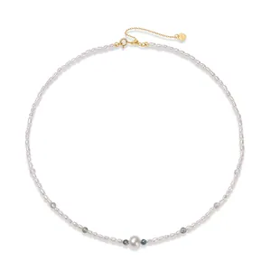 Vintage Elegant 925 Sterling Silver Freshwater Pearl Necklace For Women Moss Stone Beaded Clavicle Chain Jewelry Accessory