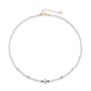 Vintage moss bead and freshwater pearl necklace with S925 gold-plated heart clasp