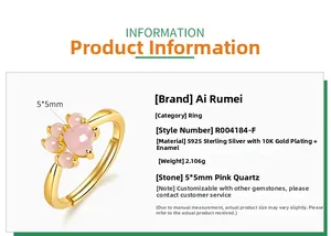 Detailed specs showing S925 silver cat paw ring with 5mm pink crystal heart and 10K gold finish