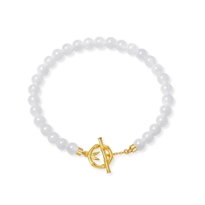 Bamboo-shaped toggle clasp beaded bracelet with white Nephrite Jade and gold-plated silver