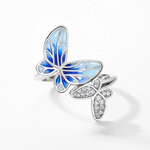 S925 sterling silver open ring with gradient blue enamel and zircon butterfly design