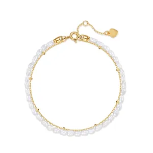 Luxury 925 Sterling Silver Double Layer Freshwater Pearl Bracelet For Women Gold Plated Heart Pendant Adjustable Jewelry