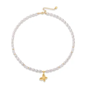 Collier Pendentif Papillon en Argent Sterling 925 Élégant pour Femme Avec Perle d'Eau Douce et Jade Néphrite Bijoux