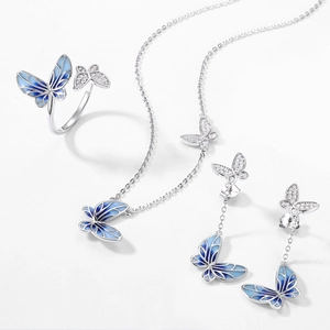 Elegant S925 sterling silver butterfly jewelry set with blue enamel and zircon stones