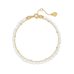 Double-layer s925 gold plated bracelet with freshwater pearls and beads on white background