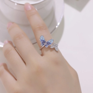 S925 sterling silver butterfly open ring with blue enamel and zircon stones