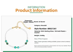 Detail of S925 silver 10K gold bracelet with turquoise stones and heart charm
