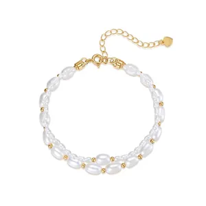 925 Sterling Silver Double Layer Freshwater Pearl Bracelet For Women Gold Plated Heart Charm Beads Fashion Jewelry Gift