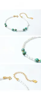 Detail view of turquoise beads and tiny pearls on S925 silver gold plated bracelet