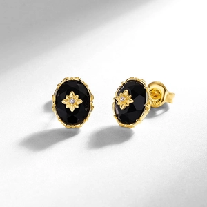 Vintage oval black onyx S925 sterling silver gold plated stud earrings with starburst motif