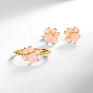 Cute S925 silver cat claw jewelry set with pink quartz stones including ring and earrings