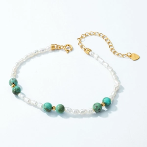 Elegant S925 silver bracelet with natural freshwater pearls and turquoise stone beads