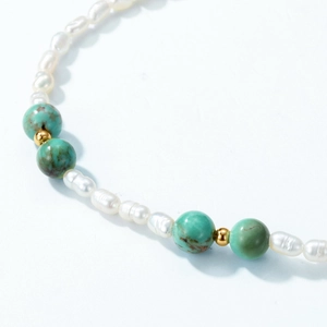 Elegant rice pearl and turquoise bracelet with S925 sterling silver beads for women