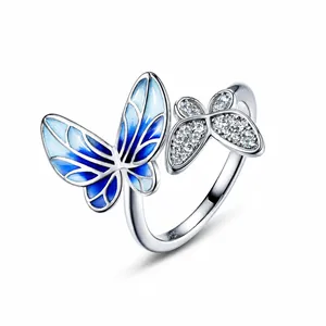 925 Sterling Silver Double Butterfly Open Ring Women Plique-à-jour Enamel Zirconia Inlaid Adjustable Finger Ring Jewelry