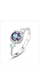Close-up of S925 silver ring featuring a round alexandrite stone with halo diamonds