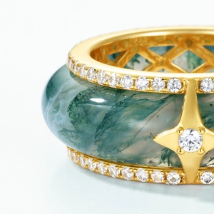 Natural green moss agate ring with S925 sterling silver band and sparkling diamond accents