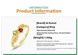 Détail de la bague en argent S925 dorée avec grenat, péridot et spécifications