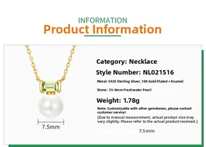 Detail of S925 silver necklace with 7.5mm freshwater pearl and green gemstone pendant