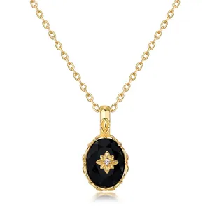 Collier Pendentif Agate Noire Ovale en Argent Sterling 925 Plaqué Or pour Femme Bijoux en Strass de Style Palais Cadeau