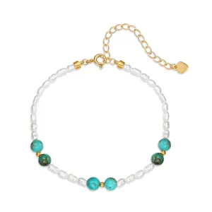 S925 Sterling Silver Natural Turquoise Bracelet With Artificial Pearl For Women Adjustable Luxury Beaded Jewelry Gift