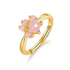 925 Sterling Silver Rose Quartz Cat Claw Ring For Women Sweet Heart Animal Shape Gold Plated Adjustable Open Ring