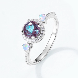 Elegant S925 silver ring featuring alexandrite, side opals, and halo zircon accents