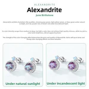 Macro detail showing Alexandrite earrings color change effect in different lighting