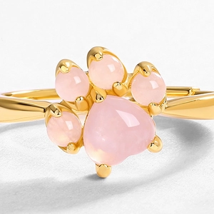 Sweet pink quartz cat paw ring in S925 sterling silver with 10K gold plating