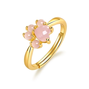 Sweet pink quartz cat paw ring in 10K gold plated S925 silver with adjustable open band
