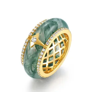 Vintage S925 Sterling Silver Green Moss Agate Wide Band Ring For Women Gold Plated Star Burst Pave Rhinestone Finger Ring Fashion Jewelry