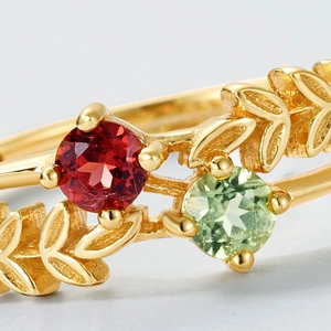 Bague vintage en argent S925 doré avec grenat rouge naturel et pierres vertes feuillage