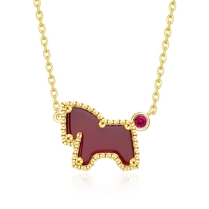 S925 silver zodiac horse pendant necklace with red agate stone inlay in gold finish