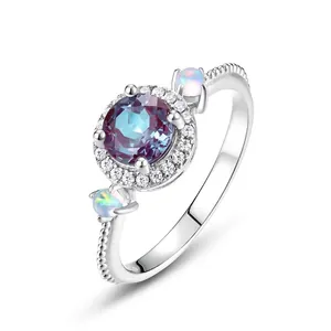 925 Sterling Silver Cultured Alexandrite Ring For Women Color Changing Round Halo Opal Accent Milgrain Band Jewelry