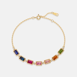 Macro detail of S925 silver rainbow bracelet featuring multi-color rectangular gemstones