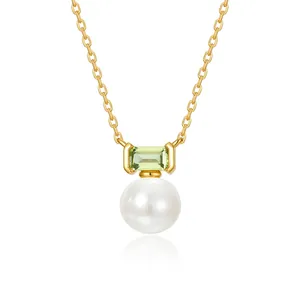 925 Sterling Silver Freshwater Pearl Necklace Gold Plated Rectangle Green Rhinestone Pendant Clavicle Chain Jewelry For Women
