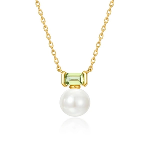 Elegant gold S925 silver necklace with rectangular green gemstone and white pearl pendant