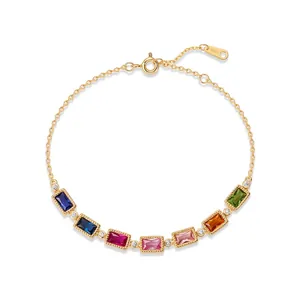 French Vintage 925 Sterling Silver Gold Plated Rainbow Zirconia Bracelet For Women Geometric Multicolored Stone Jewelry