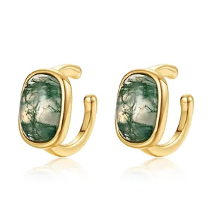 Orecchini a Clip Geometrici in Argento Sterling 925 Placcato Oro Stile Vintage Giapponese con Agata Muschiata Naturale per Donna