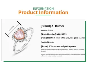Détail d'une bague coeur rose en argent S925 montrant la hauteur de 11,2mm