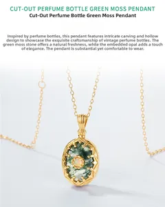 Exquisite hollow perfume bottle pendant with moss agate and opal in golden finish