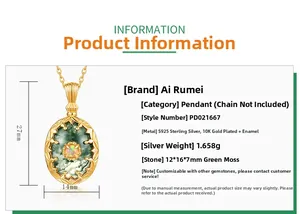 Detail of s925 silver oval green moss agate pendant with opal inlay and measurements