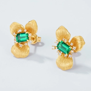 Pendientes de Botón de Plata de Ley 925 con Esmeralda de Laboratorio Textura Cepillada Oro Chapado Flor Diamantes Imitación Joyería Mujer