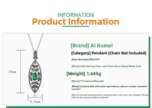 Detailed specs of S925 silver necklace with 3x5mm lab-grown emerald and pendant dimensions