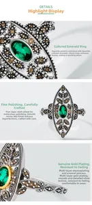 Macro detail of lab-grown emerald leaf ring with polished silver finish and gold plating